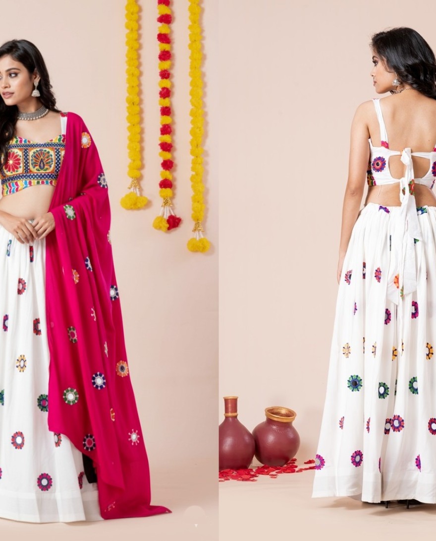 WHITEPINK - Women's White Premium Heavy Rayon Mirror And Thread Embroidery Work Lehenga Set