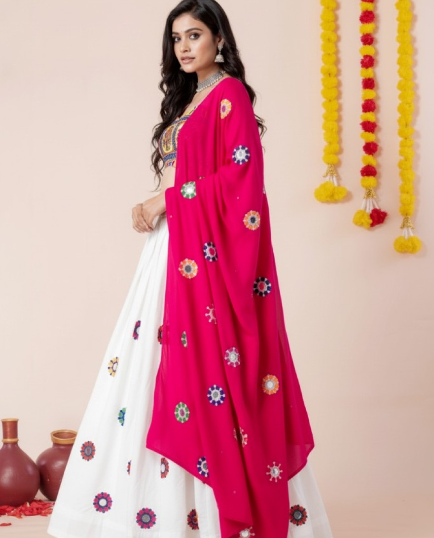 WHITEPINK - Women's White Premium Heavy Rayon Mirror And Thread Embroidery Work Lehenga Set