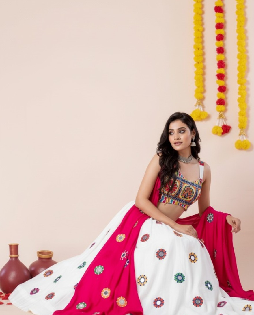 WHITEPINK - Women's White Premium Heavy Rayon Mirror And Thread Embroidery Work Lehenga Set