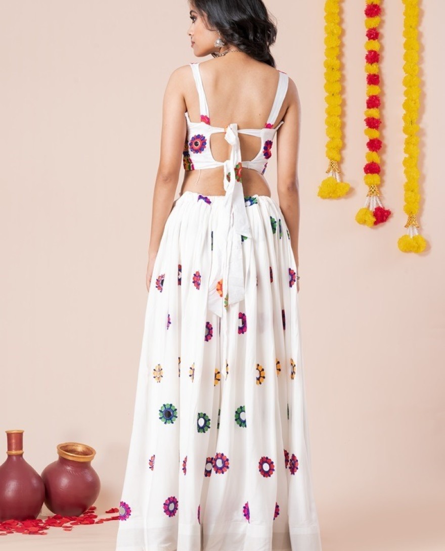 WHITEPINK - Women's White Premium Heavy Rayon Mirror And Thread Embroidery Work Lehenga Set
