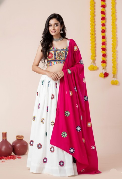 Women's White Premium Heavy Rayon Mirror And Thread Embroidery Work Lehenga Set