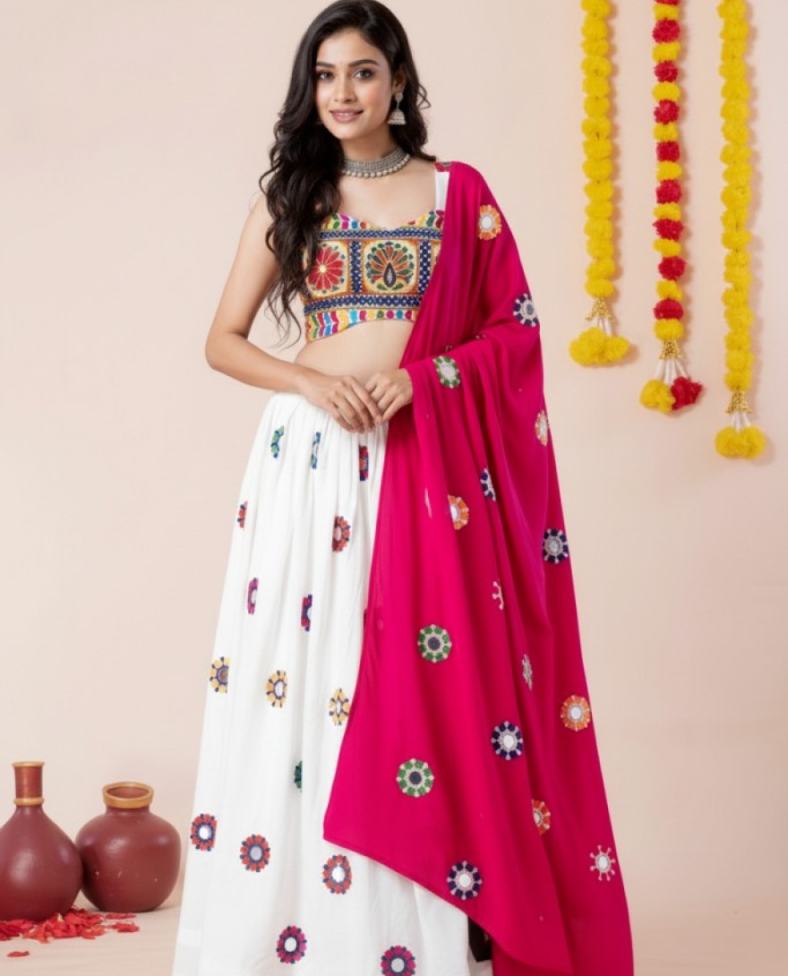 WHITEPINK - Women's White Premium Heavy Rayon Mirror And Thread Embroidery Work Lehenga Set