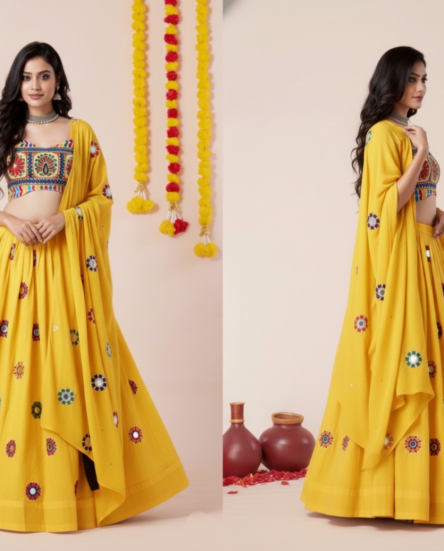 YELLOW - Women's Yellow Premium Heavy Rayon Mirror And Thread Embroidery Work Lehenga Set