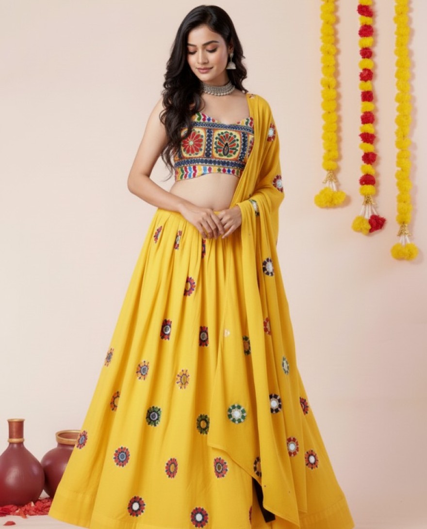 YELLOW - Women's Yellow Premium Heavy Rayon Mirror And Thread Embroidery Work Lehenga Set
