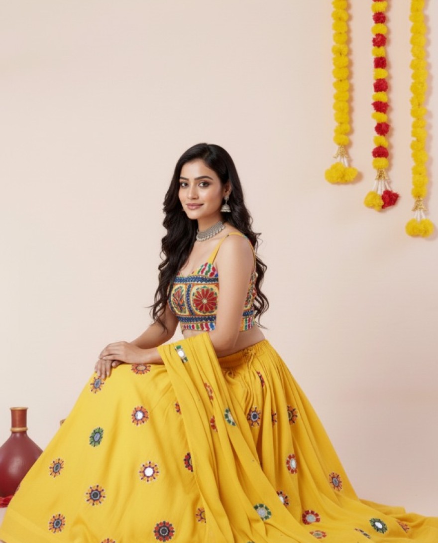 YELLOW - Women's Yellow Premium Heavy Rayon Mirror And Thread Embroidery Work Lehenga Set