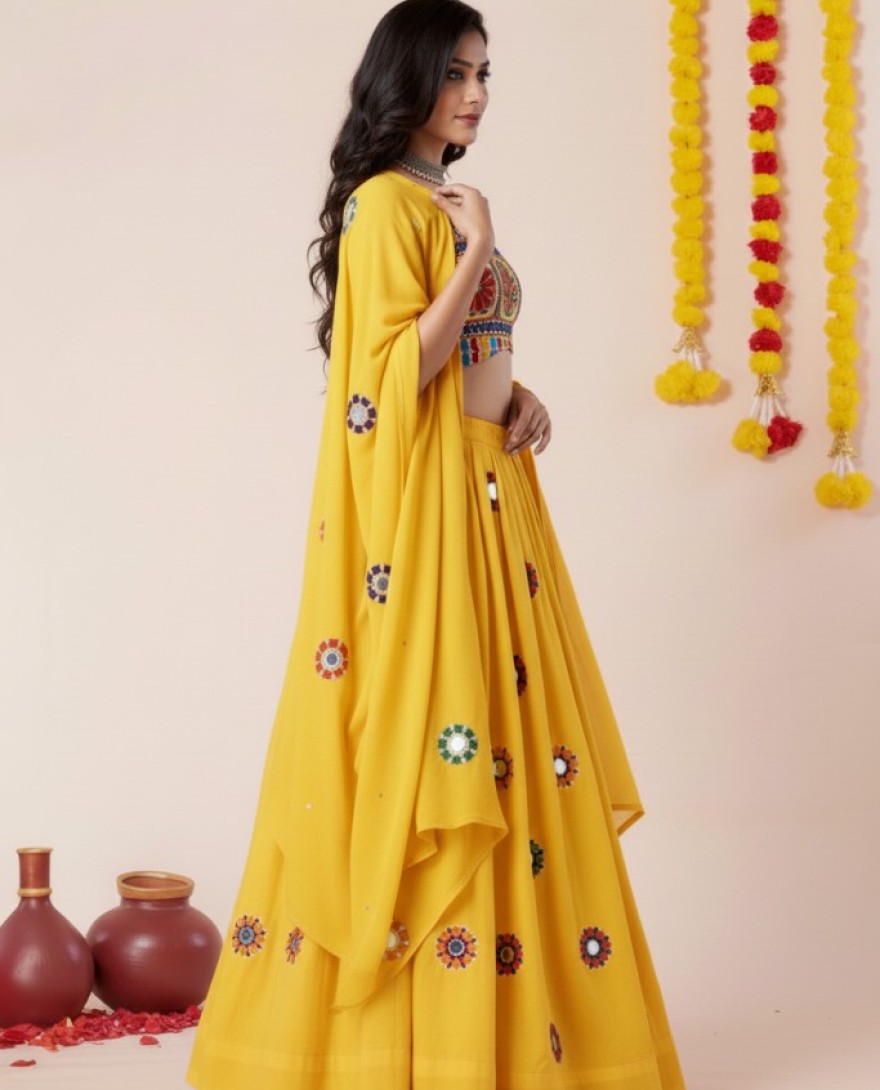YELLOW - Women's Yellow Premium Heavy Rayon Mirror And Thread Embroidery Work Lehenga Set