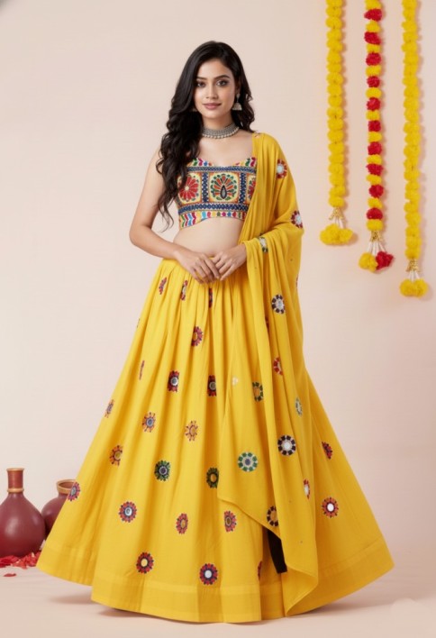 Women's Yellow Premium Heavy Rayon Mirror And Thread Embroidery Work Lehenga Set