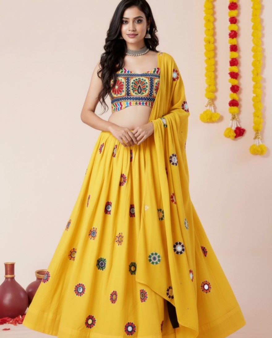 YELLOW - Women's Yellow Premium Heavy Rayon Mirror And Thread Embroidery Work Lehenga Set