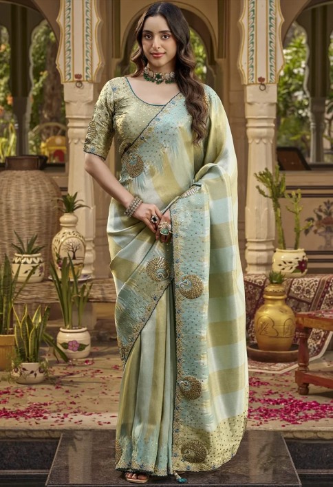 Fancy Fabric Embroidered Sea Green Classic Saree