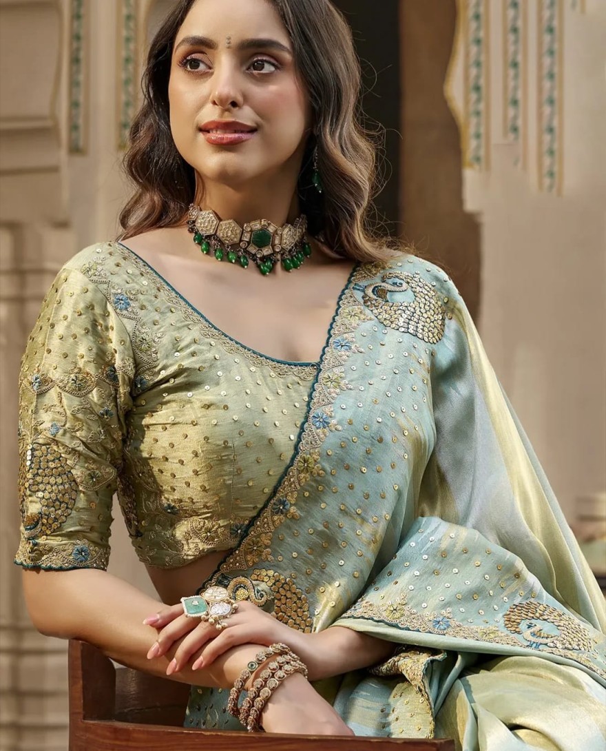 SEAGREEN - Fancy Fabric Embroidered Sea Green Classic Saree
