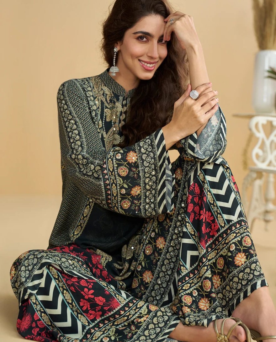 RED - Designer Black Red Printed Indo Western Crepe Silk Palazzo Suit