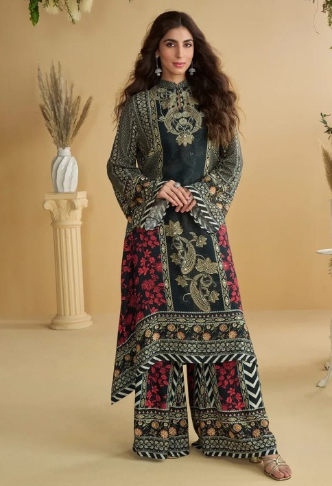 Designer Black Red Printed Indo Western Crepe Silk Palazzo Suit