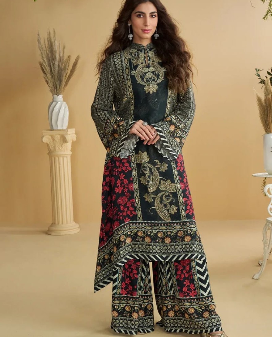 RED - Designer Black Red Printed Indo Western Crepe Silk Palazzo Suit
