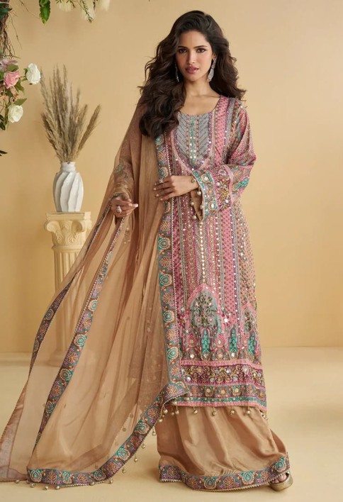 Designer Caramel Beige Printed Indo Western Crepe Silk Palazzo Suit