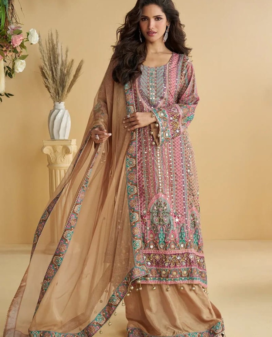 PINK - Designer Caramel Beige Printed Indo Western Crepe Silk Palazzo Suit