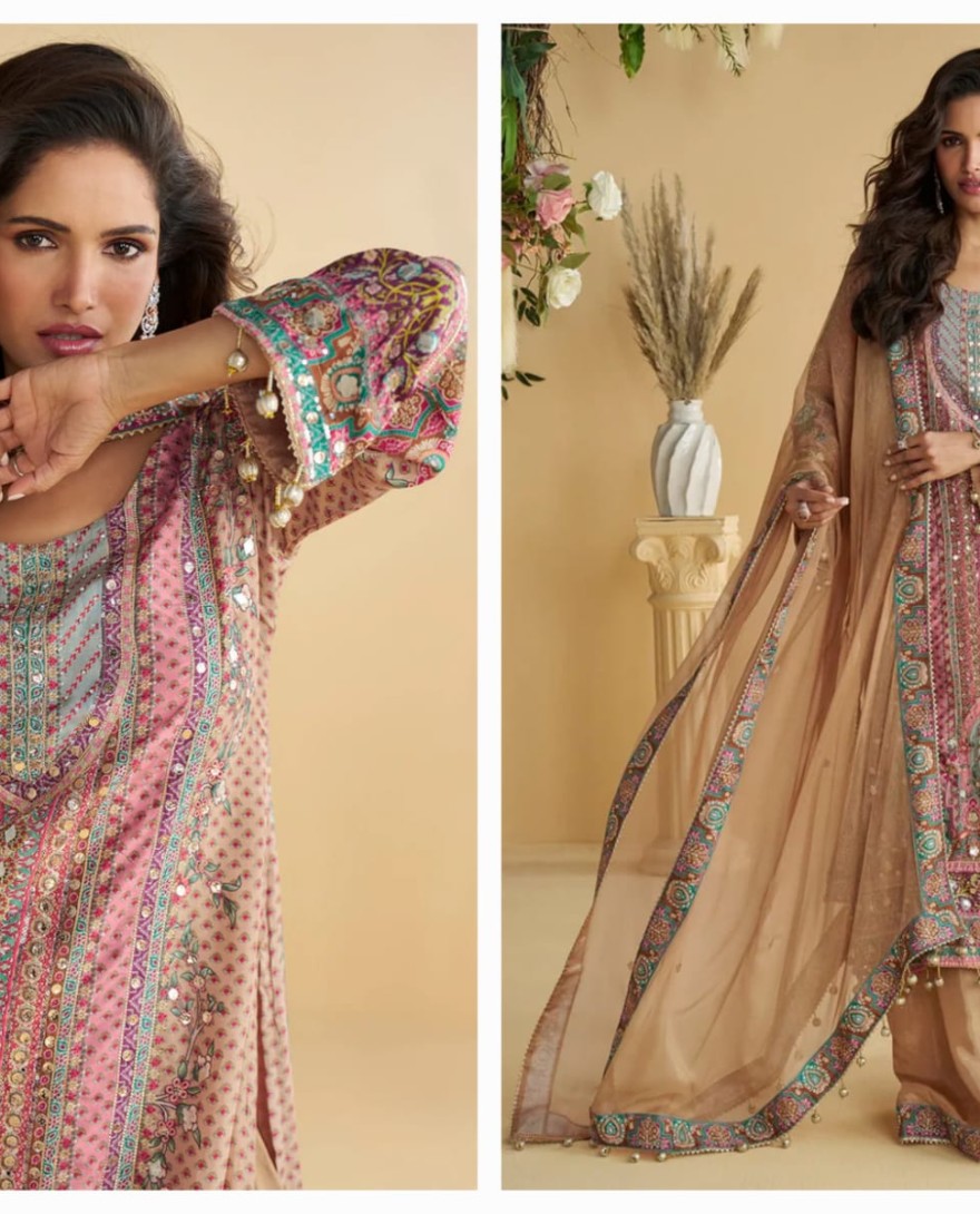 PINK - Designer Caramel Beige Printed Indo Western Crepe Silk Palazzo Suit
