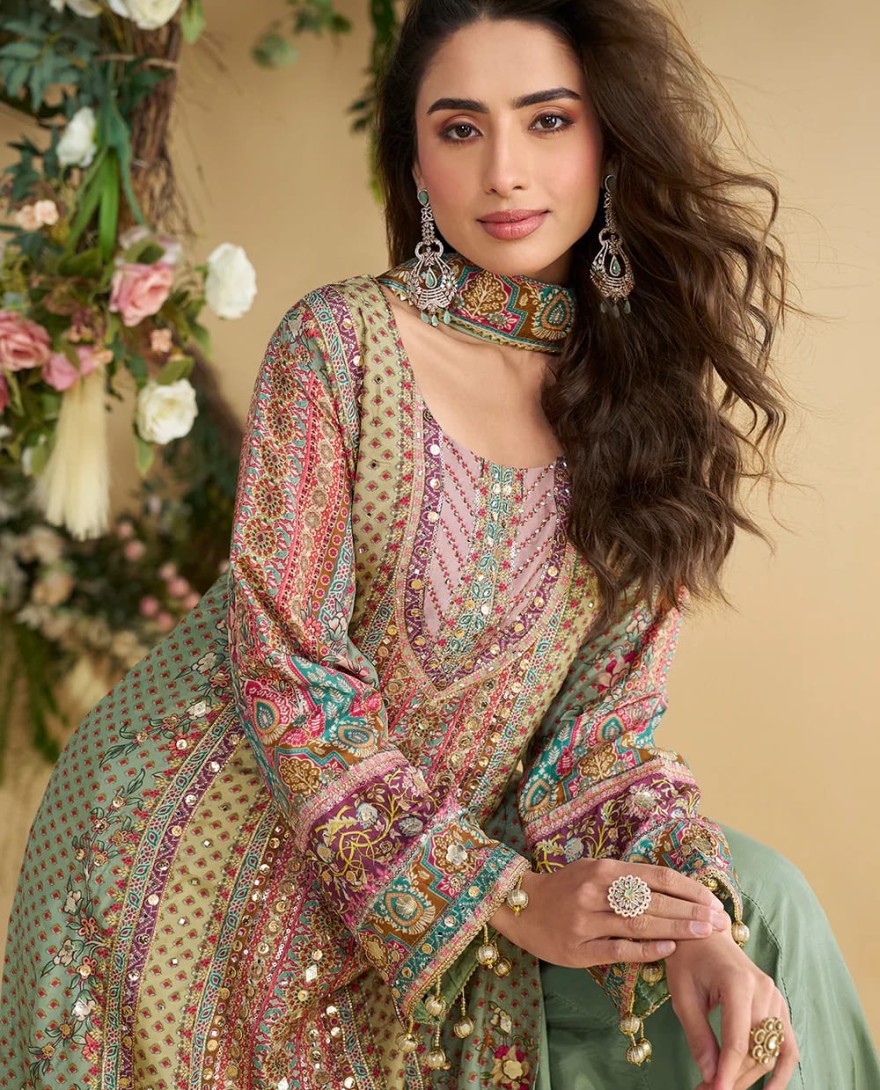 GREEN - Designer Mint Multicolor Printed Indo Western Crepe Silk Palazzo Suit