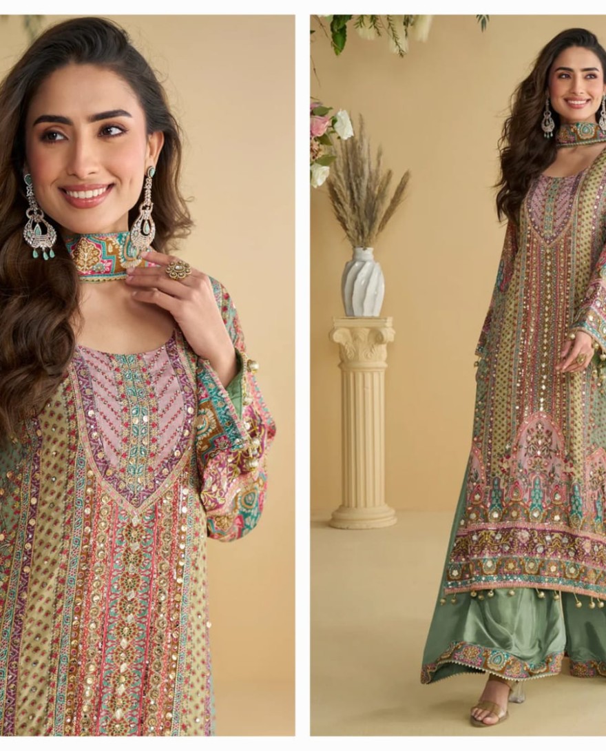 GREEN - Designer Mint Multicolor Printed Indo Western Crepe Silk Palazzo Suit