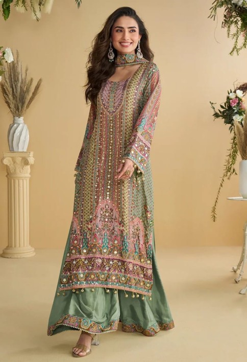 Designer Mint Multicolor Printed Indo Western Crepe Silk Palazzo Suit