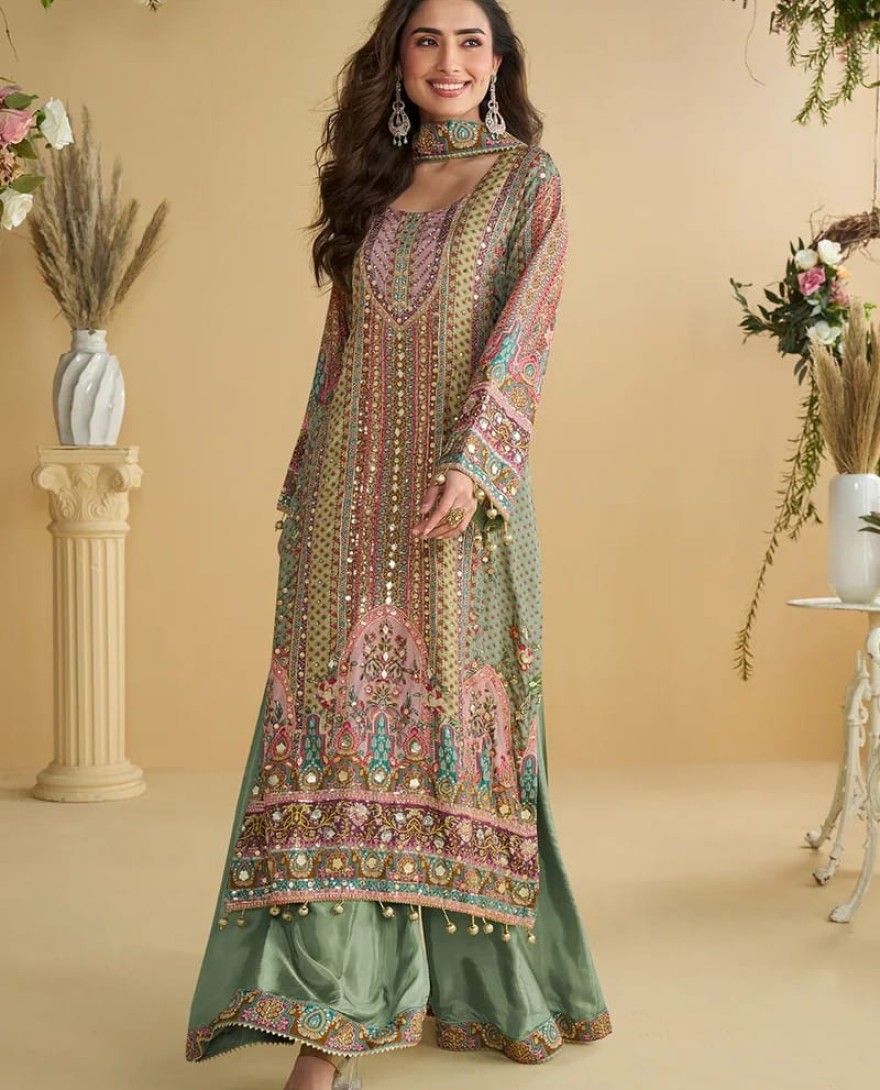 GREEN - Designer Mint Multicolor Printed Indo Western Crepe Silk Palazzo Suit
