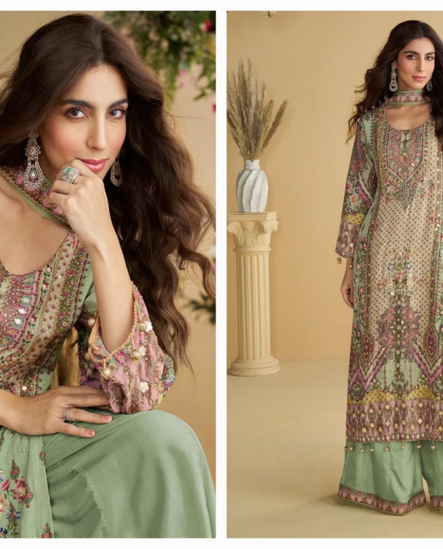 GREEN - Designer Mint Green Printed Indo Western Crepe Silk Palazzo Set