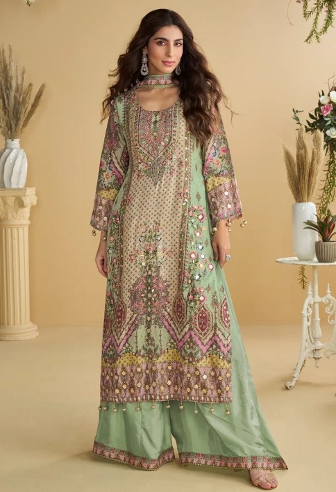 Designer Mint Green Printed Indo Western Crepe Silk Palazzo Set