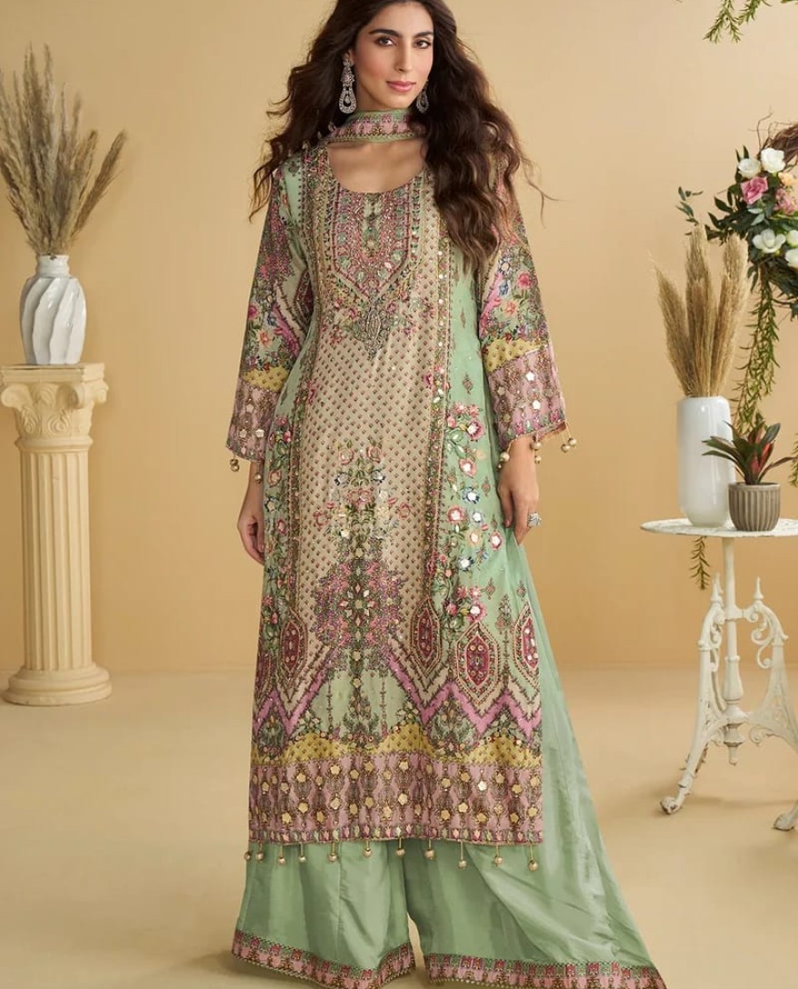 GREEN - Designer Mint Green Printed Indo Western Crepe Silk Palazzo Set