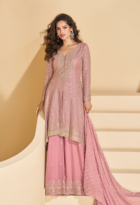 ROSE PINK GEORGETTE EMBROIDERED PALAZZO SUIT SET