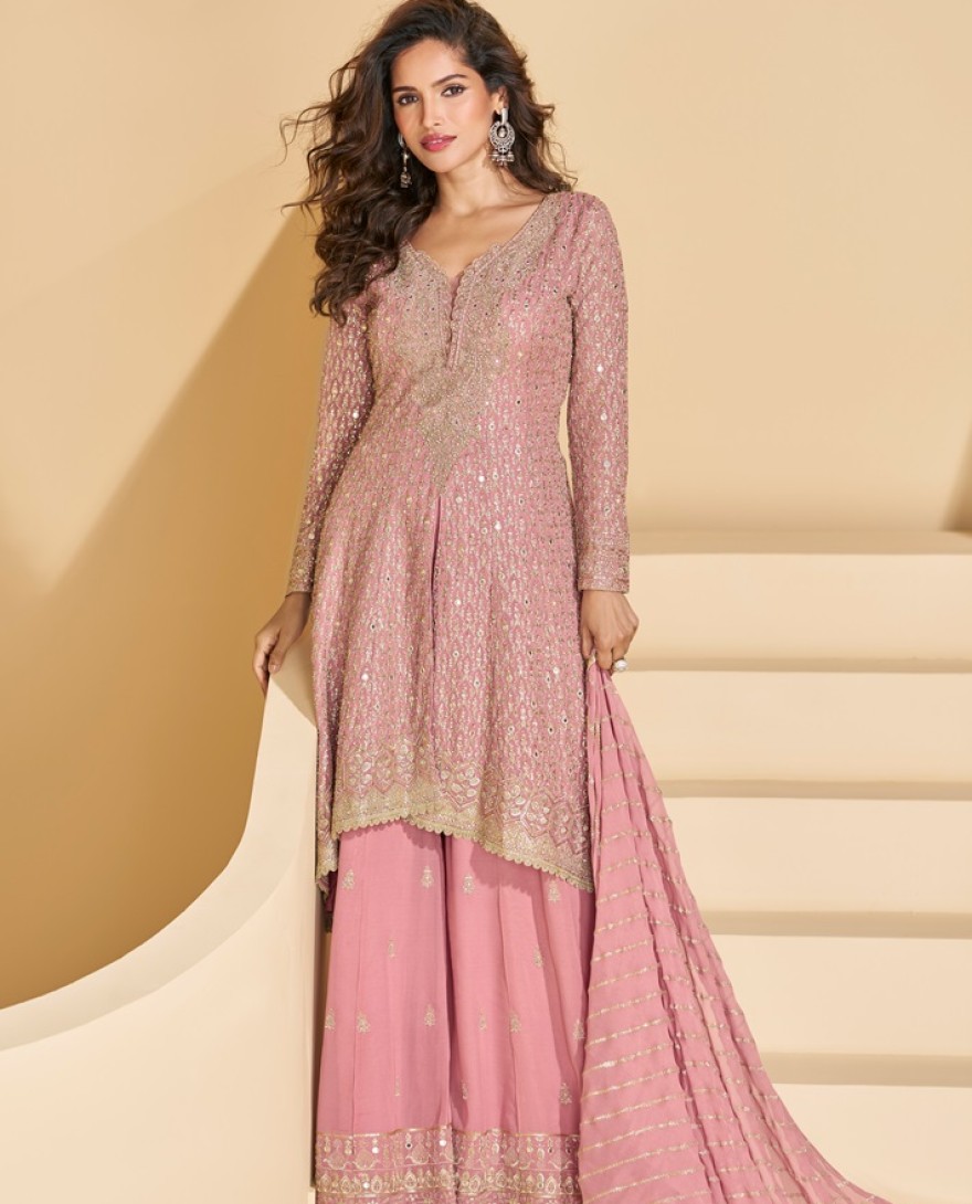 10015 - ROSE PINK GEORGETTE EMBROIDERED PALAZZO SUIT SET