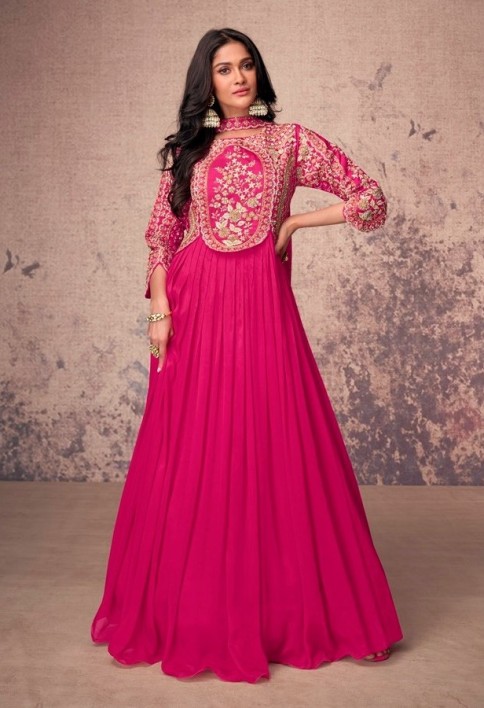MAGENTA PINK ANARKALI GOWN IN CHINON SILK WITH EMBELLISHMENTS