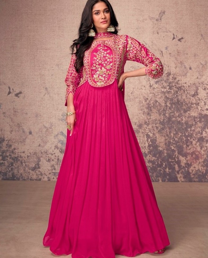 5548 - MAGENTA PINK ANARKALI GOWN IN CHINON SILK WITH EMBELLISHMENTS