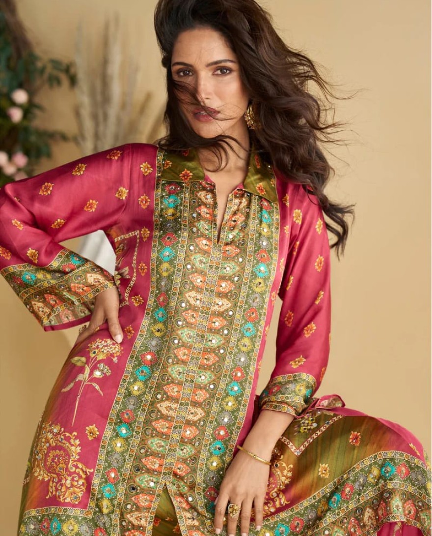 Magenta - Magenta & Olive Green Crape Silk Printed Palazzo Set for Indian Wedding and Pakistani Festival
