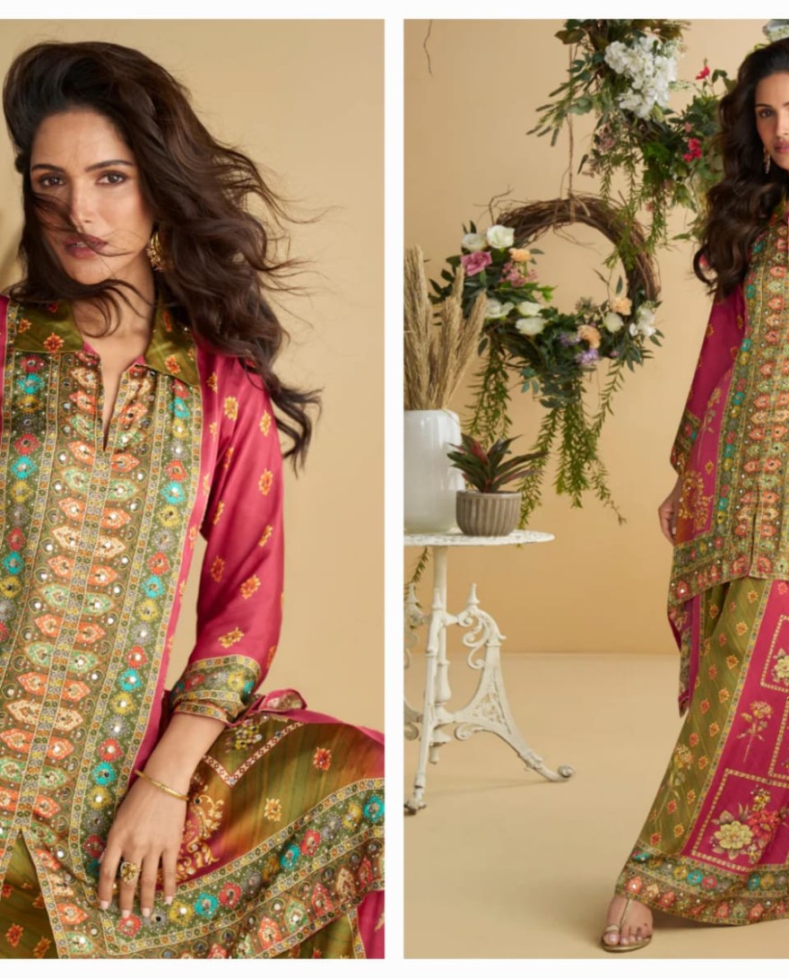 Magenta - Magenta & Olive Green Crape Silk Printed Palazzo Set for Indian Wedding and Pakistani Festival