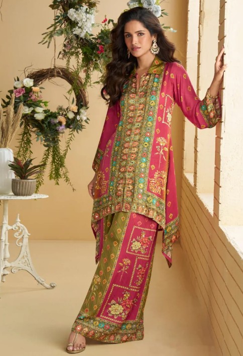 Magenta & Olive Green Crape Silk Printed Palazzo Set for Indian Wedding and Pakistani Festival