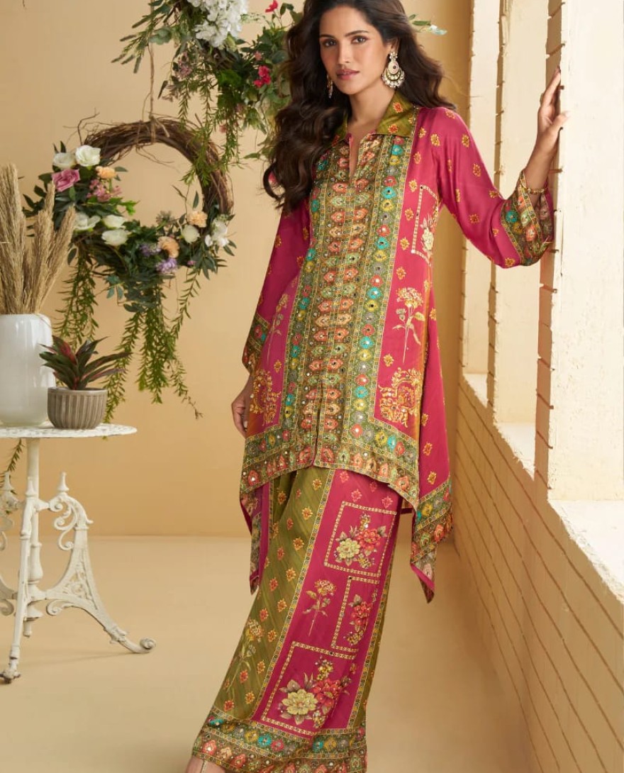 Magenta - Magenta & Olive Green Crape Silk Printed Palazzo Set for Indian Wedding and Pakistani Festival
