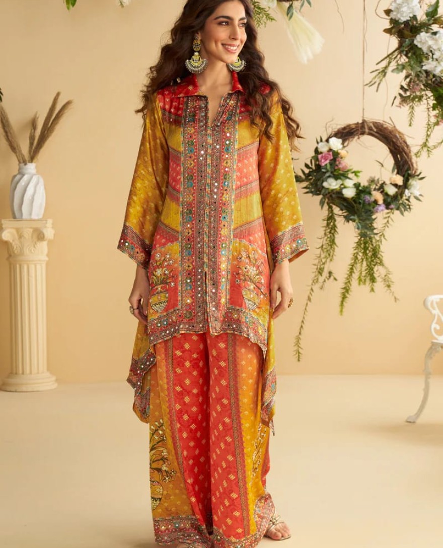 Yellow - Mustard Yellow & Scarlet Red Crape Silk Printed Palazzo Set for Indian Wedding and Pakistani Festival
