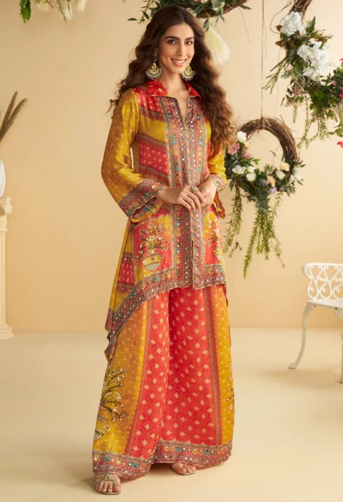 Mustard Yellow & Scarlet Red Crape Silk Printed Palazzo Set for Indian Wedding and Pakistani Festival