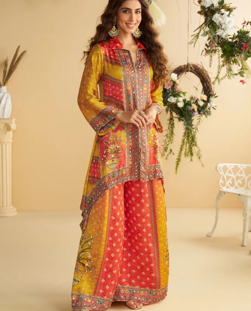 Yellow - Mustard Yellow & Scarlet Red Crape Silk Printed Palazzo Set for Indian Wedding and Pakistani Festival