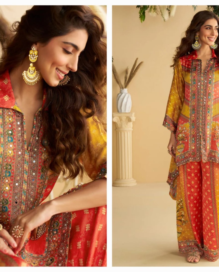 Yellow - Mustard Yellow & Scarlet Red Crape Silk Printed Palazzo Set for Indian Wedding and Pakistani Festival