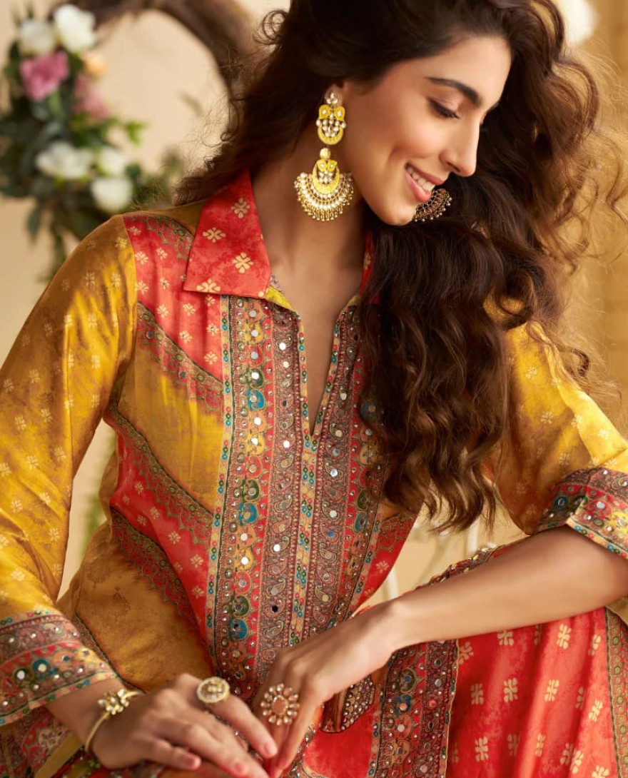 Yellow - Mustard Yellow & Scarlet Red Crape Silk Printed Palazzo Set for Indian Wedding and Pakistani Festival