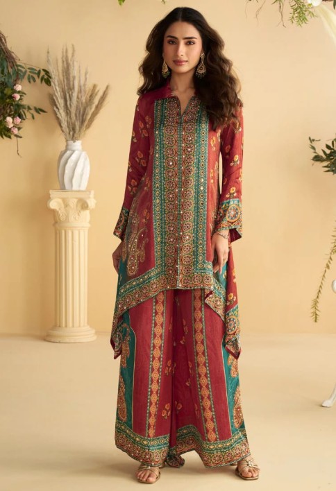 Maroon & Teal Green Crape Silk Printed Palazzo Set for Indian Wedding and Pakistani Festival
