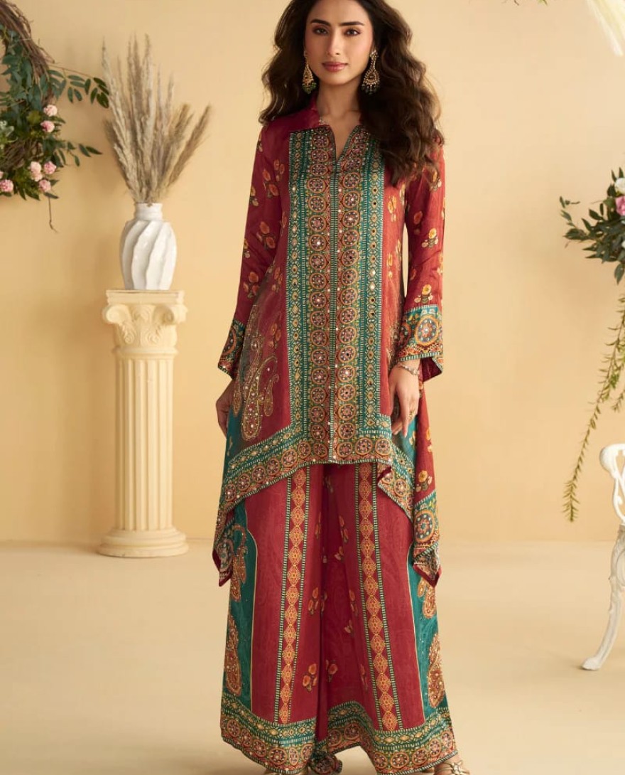 Red - Maroon & Teal Green Crape Silk Printed Palazzo Set for Indian Wedding and Pakistani Festival