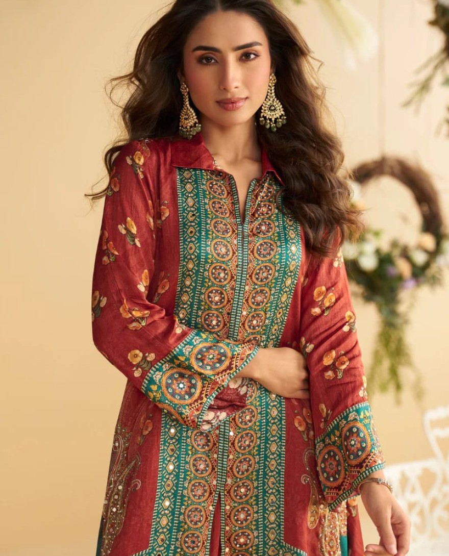 Red - Maroon & Teal Green Crape Silk Printed Palazzo Set for Indian Wedding and Pakistani Festival