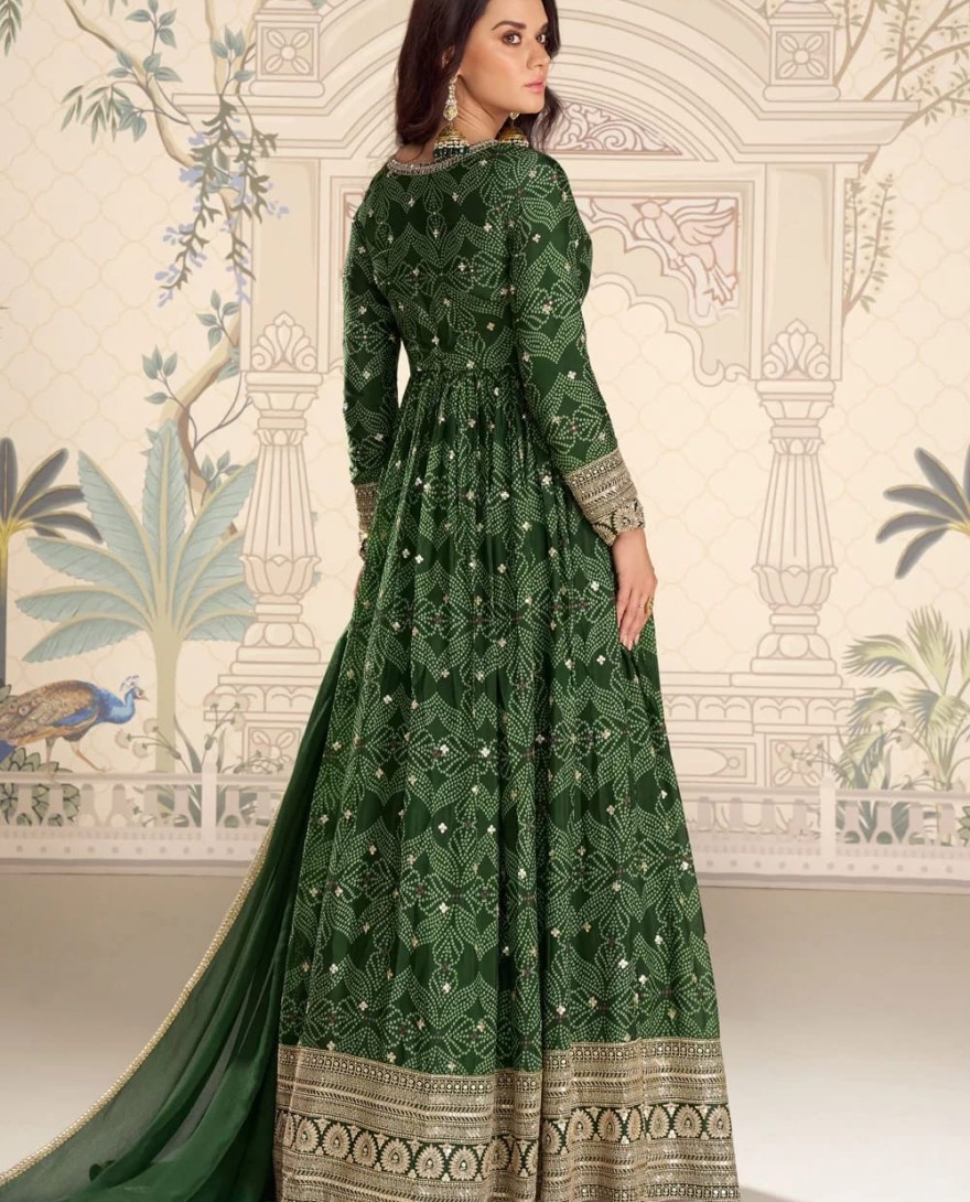 GREEN - Green Chinon Digital Print and Embroidered Work Designer Gown