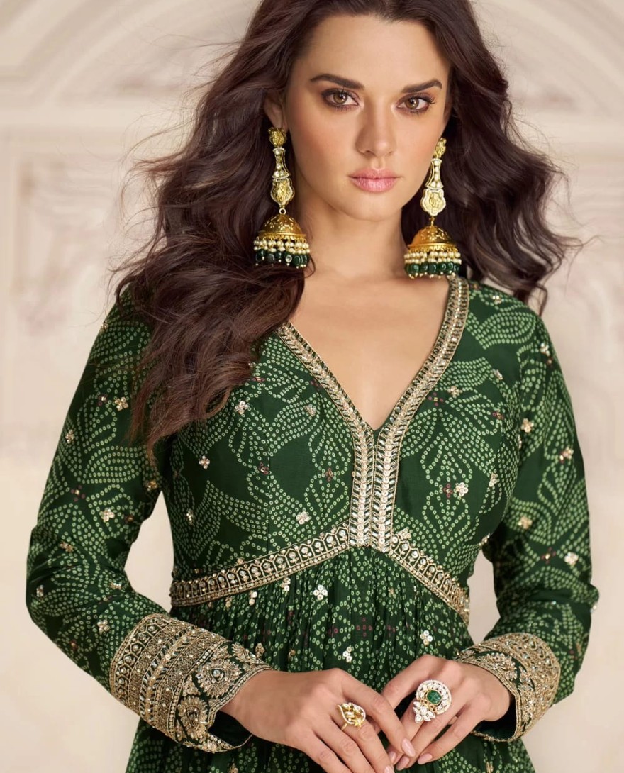 GREEN - Green Chinon Digital Print and Embroidered Work Designer Gown