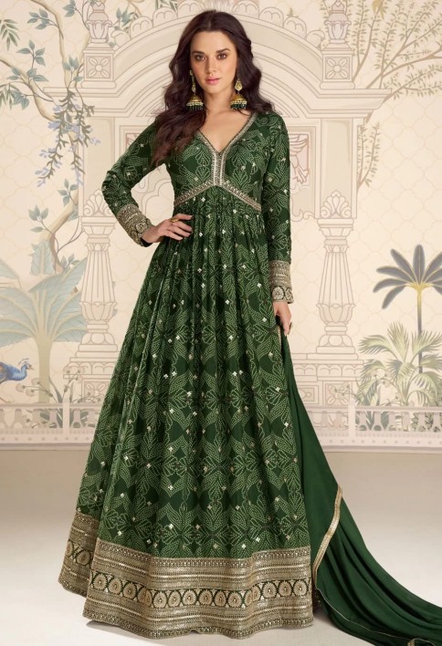 Green Chinon Digital Print and Embroidered Work Designer Gown