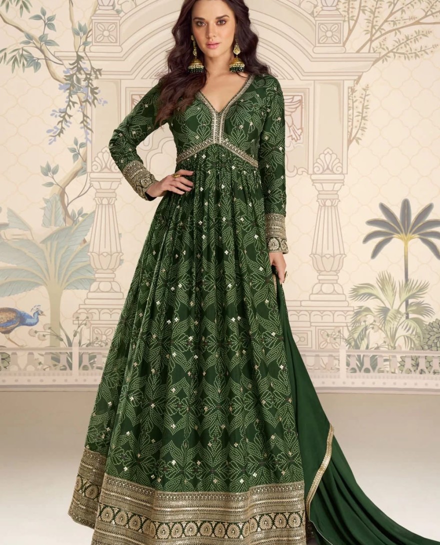 GREEN - Green Chinon Digital Print and Embroidered Work Designer Gown