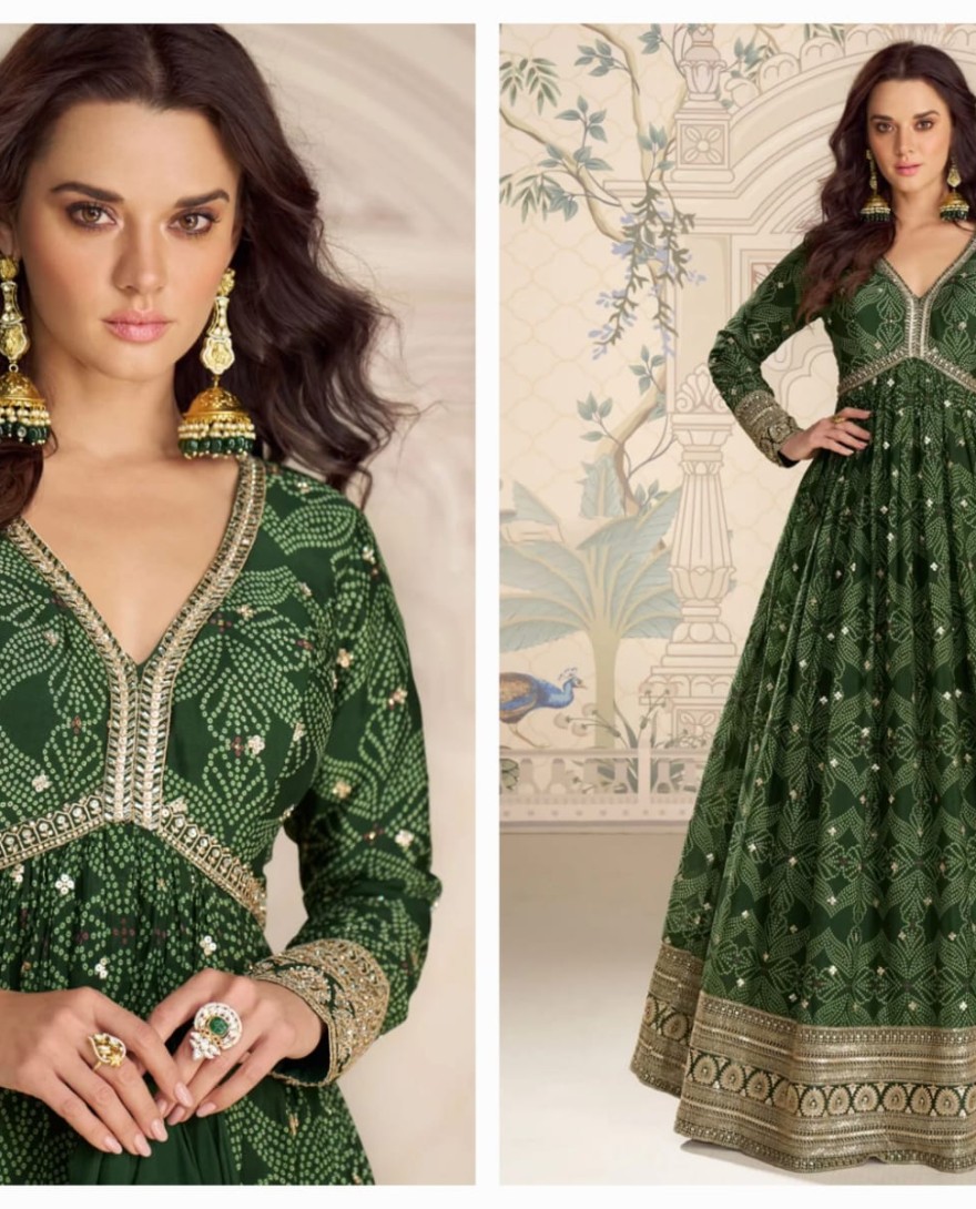 GREEN - Green Chinon Digital Print and Embroidered Work Designer Gown