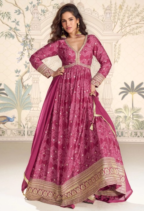 Digital Print and Embroidered Work Chinon Designer Gown In Pink Colour