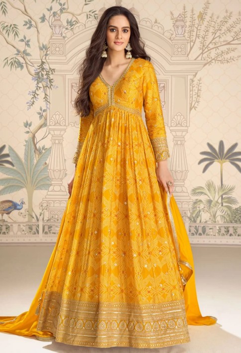 Yellow Chinon Digital Print and Embroidered Work Designer Gown